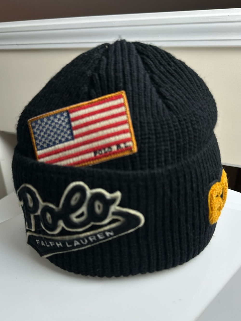 Polo Ralph Lauren Multi Patch Script Logo Black Knit Beanie Hat Black Cap NWT - Picture 4 of 5